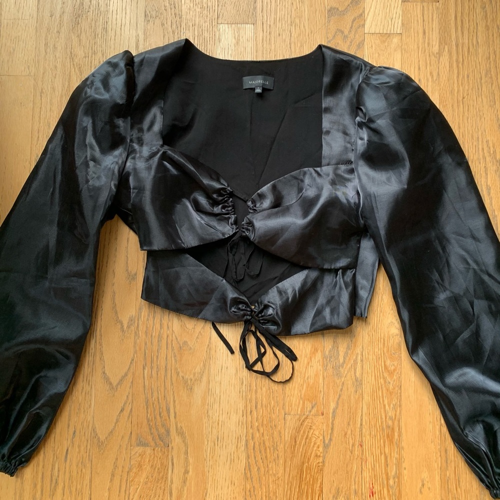 MAJORELLE Black Satin Long Sleeve Tie-Front Crop Top